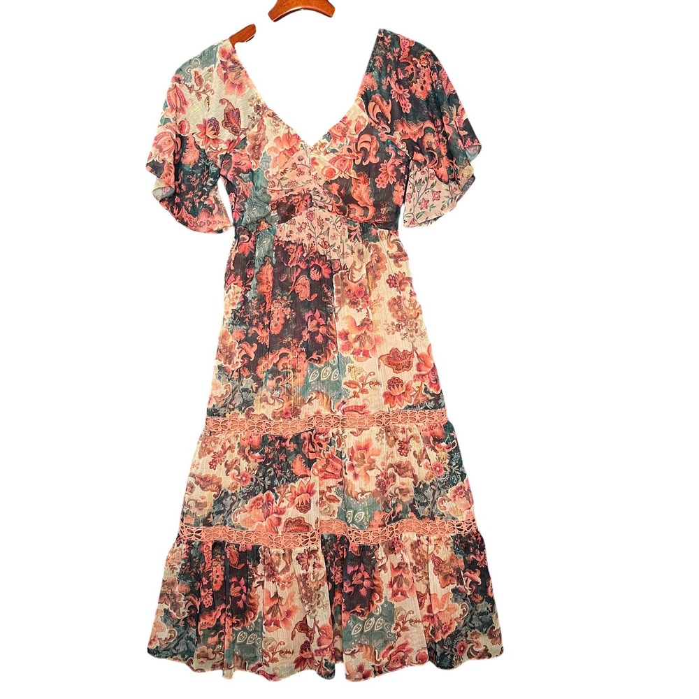 Adelyn Rae XS Floral Metallic Lurex Tiered Dress Boho Ethereal Flowy Cottagecore